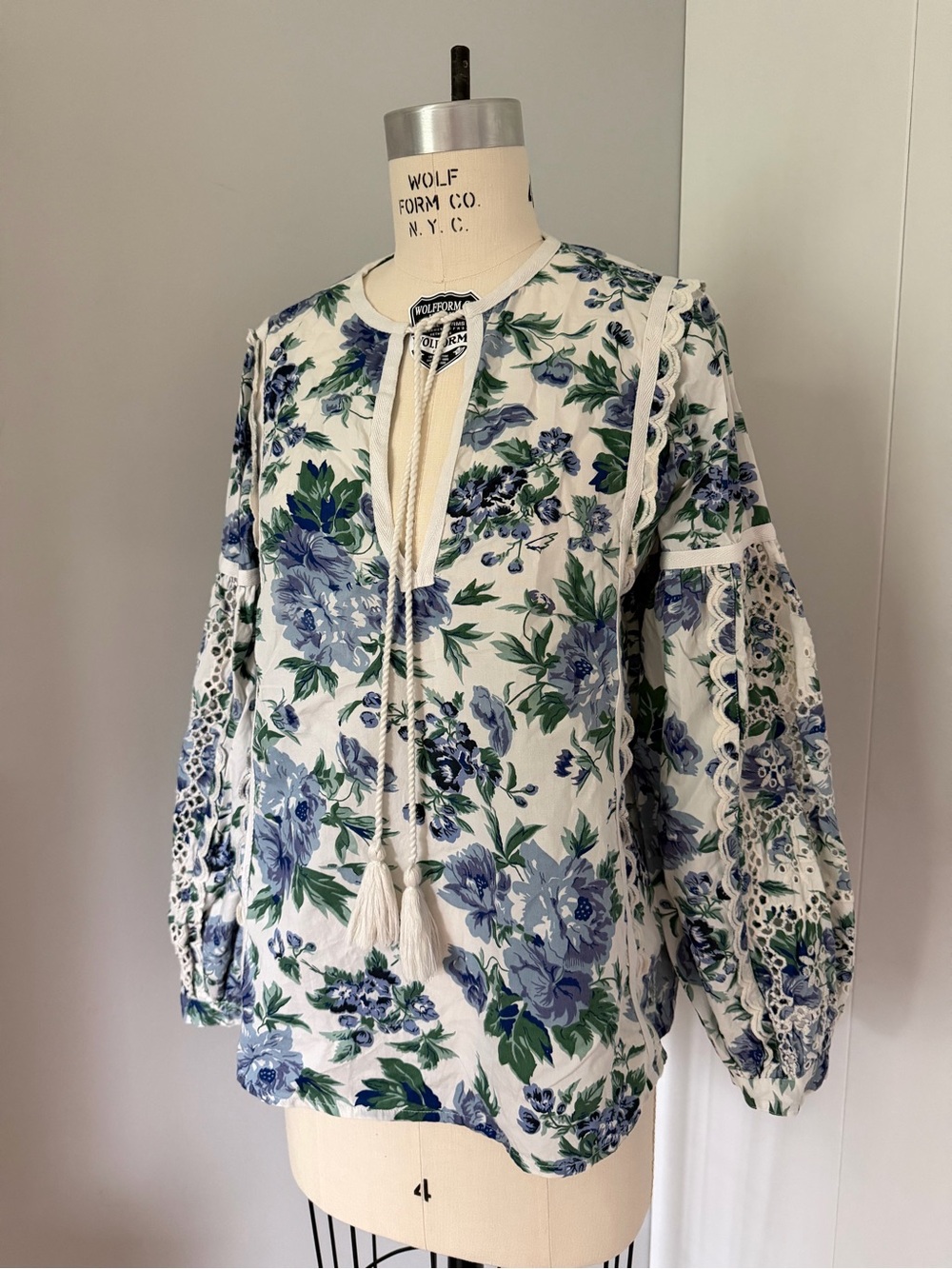 Topshop White Blouse with Blue & Green Floral Print Lace Tassels Romantic Boho